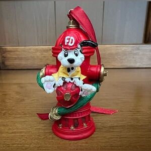 1995 Roman, Inc. red fire hydrant ornament with Dalmatian dog